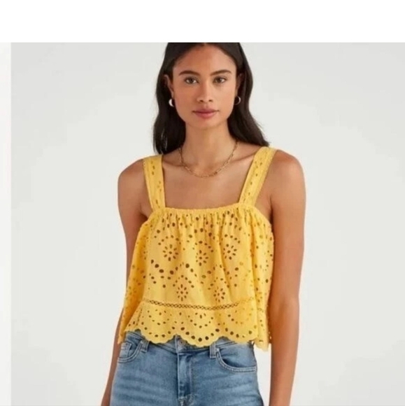 7 For All Mankind Dandelion Yellow Eyelet Lace Cropped Tank Top Small Cotton - Picture 1 of 6